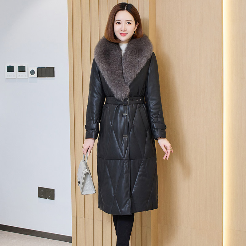 Haining Sheep Leather down jacket woman mid length 2023 Winter new fashion fox fur collar leather grass goose down jacket-Taobao
