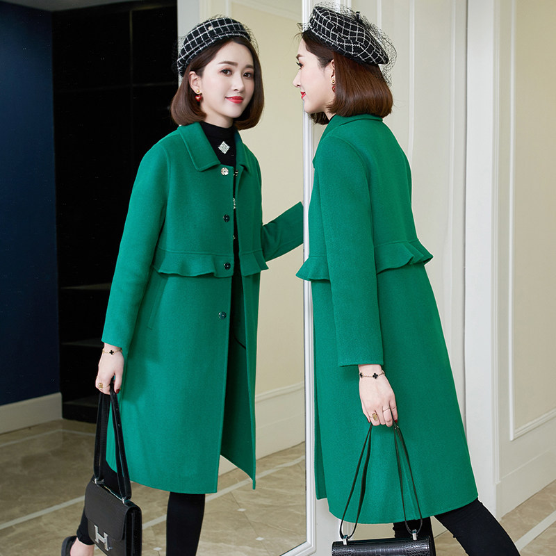 Fall/Winter 2021 new double-sided cashmere coat women's mid-length ruffled green wool wool wool wool coat