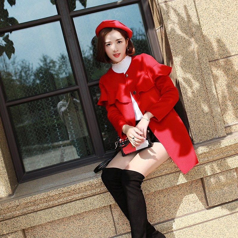 2021 autumn and winter new double face cashmere big coat female medium long version Korean version lotus leaf side wool fur, little fragrant wind jacket