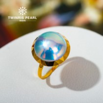 Taishi's new natural seawater horse bell pearl ring 18K gold mosaic female finger ring dying large island starry blue