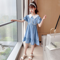 Girls dress for dress and summer clothes 2022 new children Korean version CUHK Girl clothing foreign air girl short sleeve denim dress