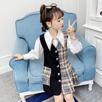  Tide brand girls  autumn net red suit skirt 2021 autumn new medium and large childrens shirts Western style two-piece suit