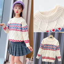 Womens autumn childrens Jacquard sweater 2021 spring and autumn clothes new middle and big childrens foreign-style knitted base shirt tide