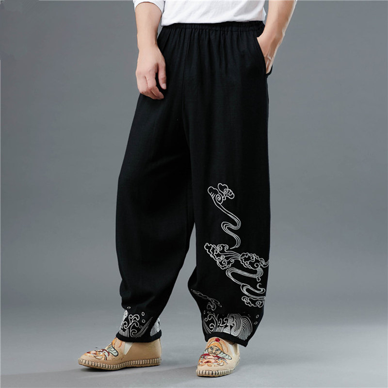 2022 ethnic style spring and autumn cotton and linen pants men's casual embroidery Chinese style retro Zen clothing wide-legged youth pants