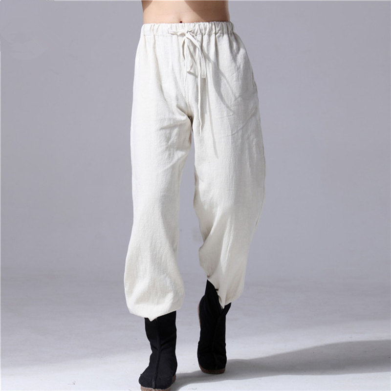 Spring and Autumn Wide Leg Pants Men's Linen Chinese Style Cotton Linen Retro Leisure Lantern Kung Fu Pants Lazy Tea Zen Clothing
