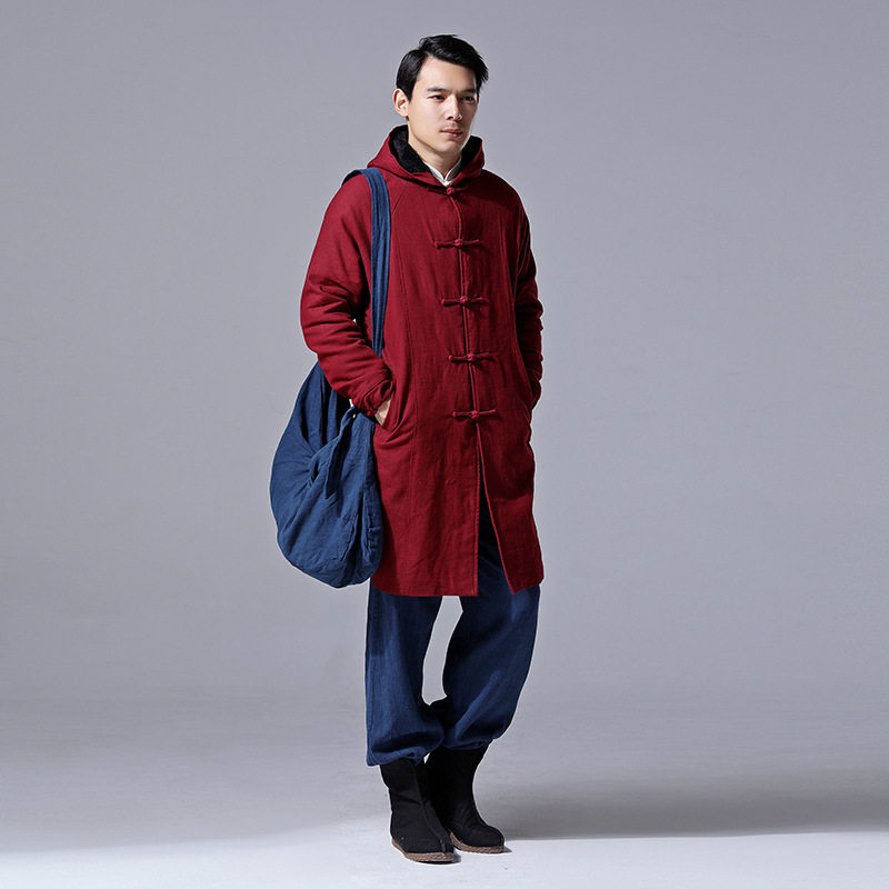 China Wind Original Chinese Style Retro Disc Buckle National Wind Jacket Medium Long Version Cotton Linen Dress Plus Suede Wearing Hat Windsuit