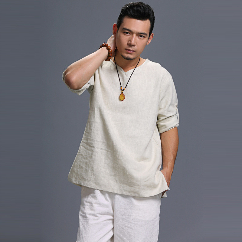 Chinese wind 2022 Spring Summer loose linen retro 70% sleeves pure color comfort V collar T-shirt casual male blouse