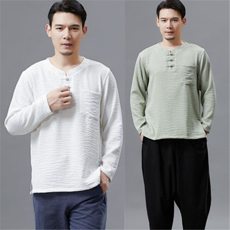 Retro original spring summer round collar T-shirt wrinkled cotton long sleeve art wind men's shirt pure color long sleeve blouse round collar