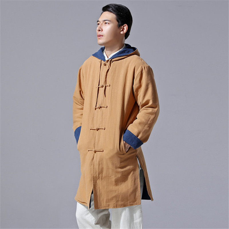 China Wind Spring Autumn Linen Linen Cap Windsuit Men's Medium Long Version Loose Jacket Retro Men's Cotton Linen Casual Blouse