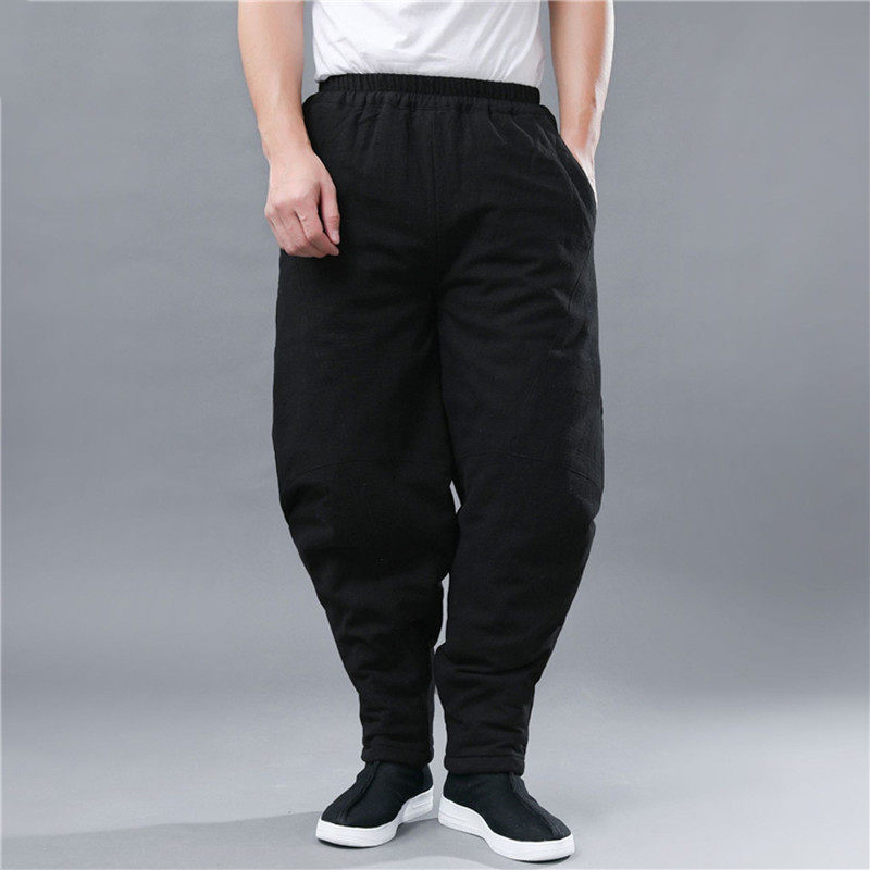 Autumn and winter casual cotton linen warm cotton pants men's torre pants Chinese style retro loose elastic waist padded pants