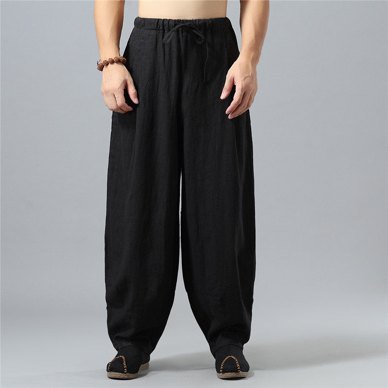 China Wind Spring Summer Season New Middle-aged Men's Style Wide Leg Pants Cotton Linen Loose large size Practice Lantern Long Pants
