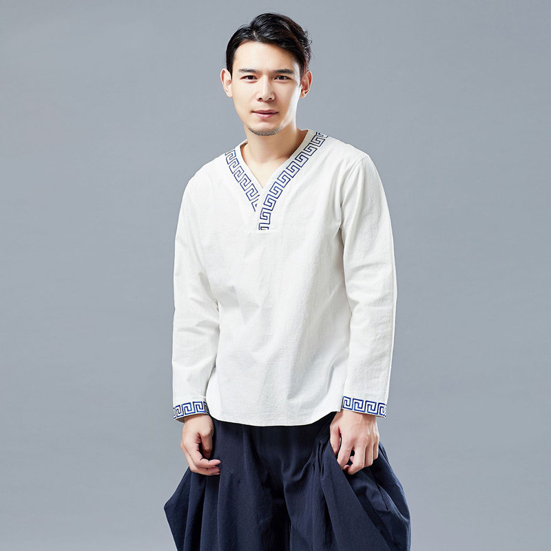 Spring and summer new original cross-collar Hanfu Chinese style literary and artistic bottoming T-shirt white men's casual Zen top