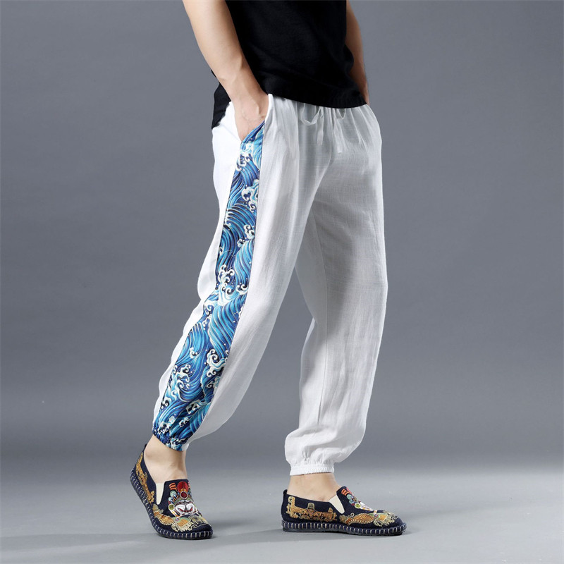 Summer Cotton Linen Light Cage Pants Wave Flower Splicing Art Style Wind Casual Pants Slim Down Printed Underfoot Beach Sports Pants