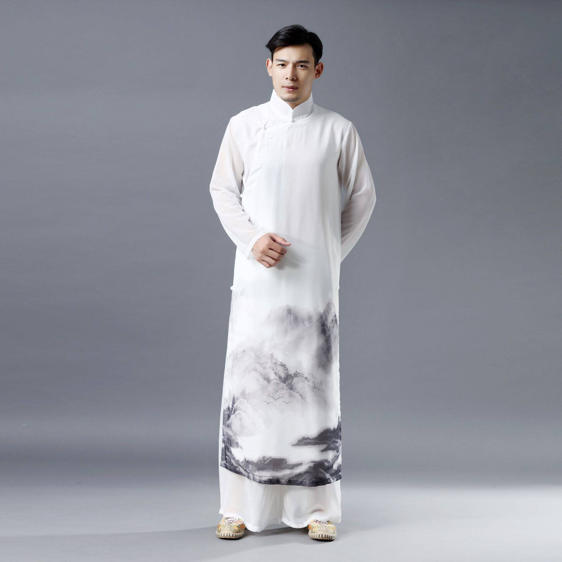 Spring Summer season Republic of China Wind Down with Chinese-style men's clothing Slanted Cardiovert Double Layer Snow Spinning and Immortal Gas Water Ink Painted Han Elements