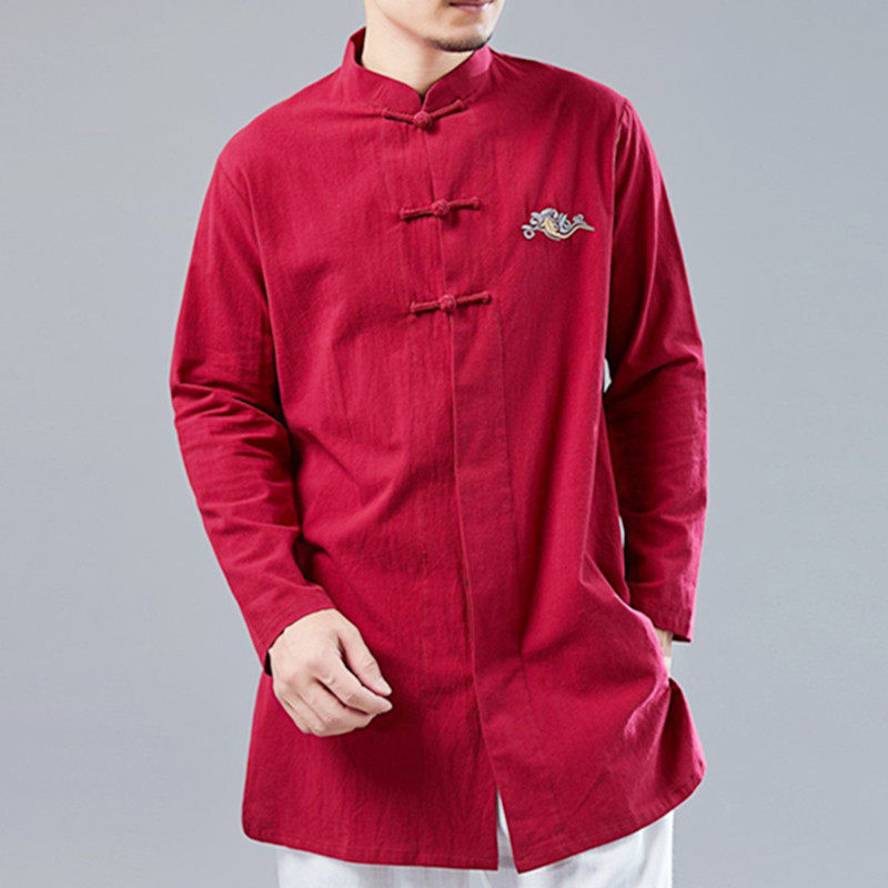 Spring Summer Season Blouse Retro China China Wind Men's Style Pan Buttoned Collar Shirt Cotton Linen Embroidery Medium Long Version Loose Long Sleeve Clothes