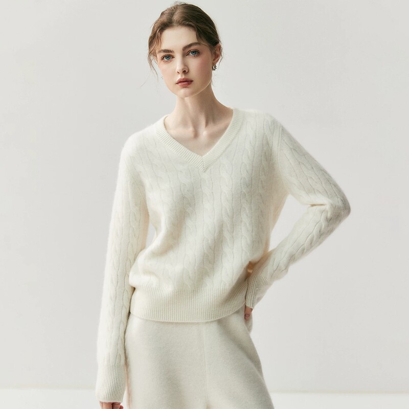 Ordos City High-End Cashmere Sweater for Women, V-Neck Cable Knit Sweater, Loose and Thickened for Autumn and Winter, Fashionable and Casual Wool Sweater