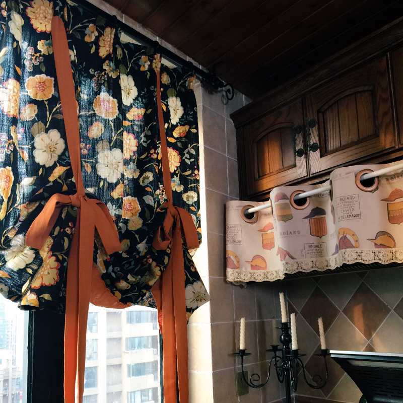 American Country Style, Vintage Large Floral Pattern, Kitchen Curtain, Small Leaf Design, Pull-Up Curtain, Door Curtain, Partition Curtain, Window Curtain