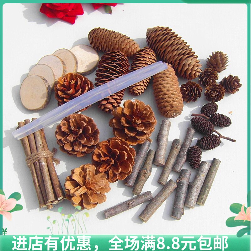 Forest baby set photography retro props Kindergarten handmade pine cones branches dried flowers round wood chips sticks
