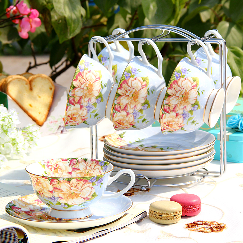 Coffee cup set ceramic European tea English afternoon tea tea set red cup dish 6 cup with light shelf of key-2 luxury