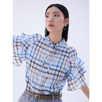 Yiwei Yi Chu Mi plain cake sleeve linen shirt female stand collar short sleeve design sense niche thin shirt