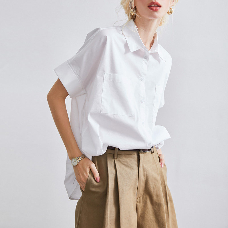 evewang summer solid color short-sleeved shirt women's front short back long wild loose thin double pocket sunscreen shirt