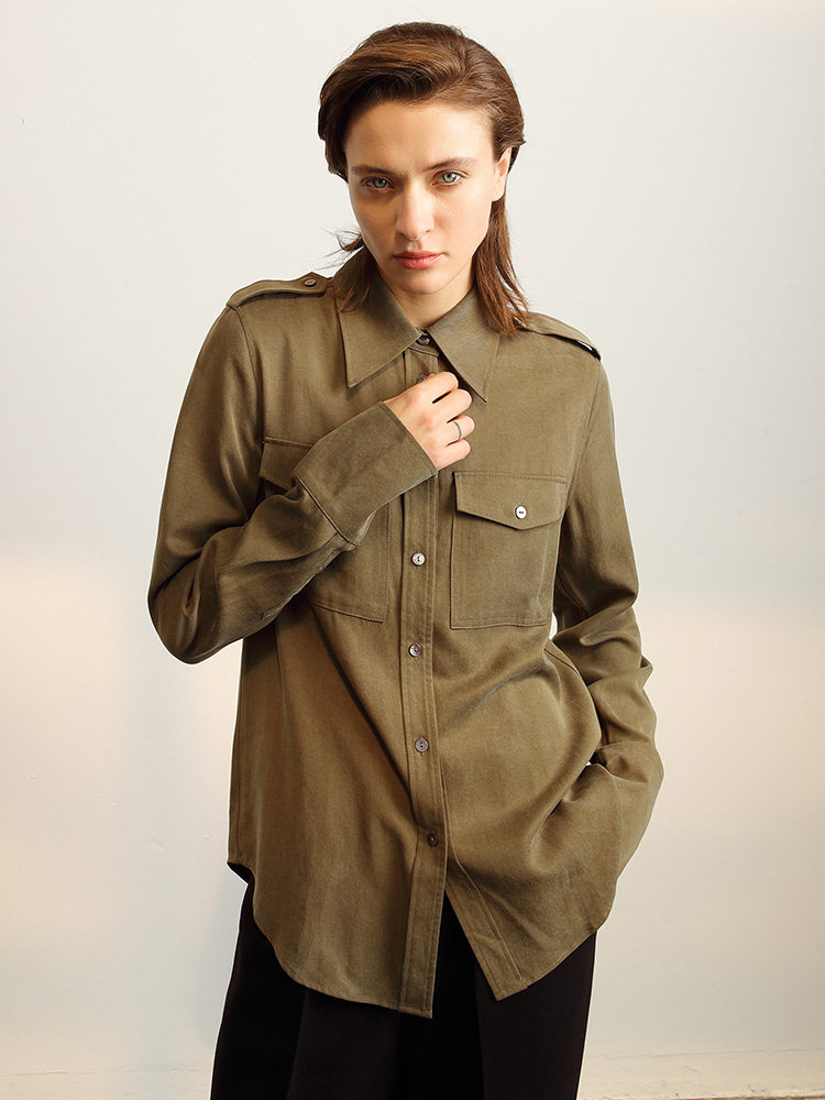 evewang handsome epaulet shirt Simple retro military style long sleeve top casual blouse