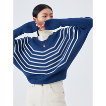 One Wei evewang Leisure Loose Bat Sleeve Pullover Sweater Women Autumn Blue and White Striped Joker Wool Top