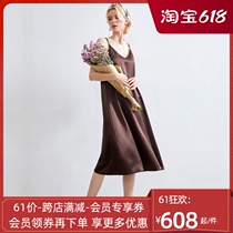 evewang summer satin silky simulation silk suspender dress female black V-neck sexy lanky skirt