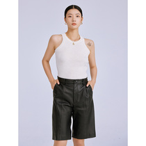 One Wei Yi Chu Miu Sui Sheep Leather Five-point Pants Womens Black Leather Leather Pants Autumn and Winter Straight Casual Middle Pants