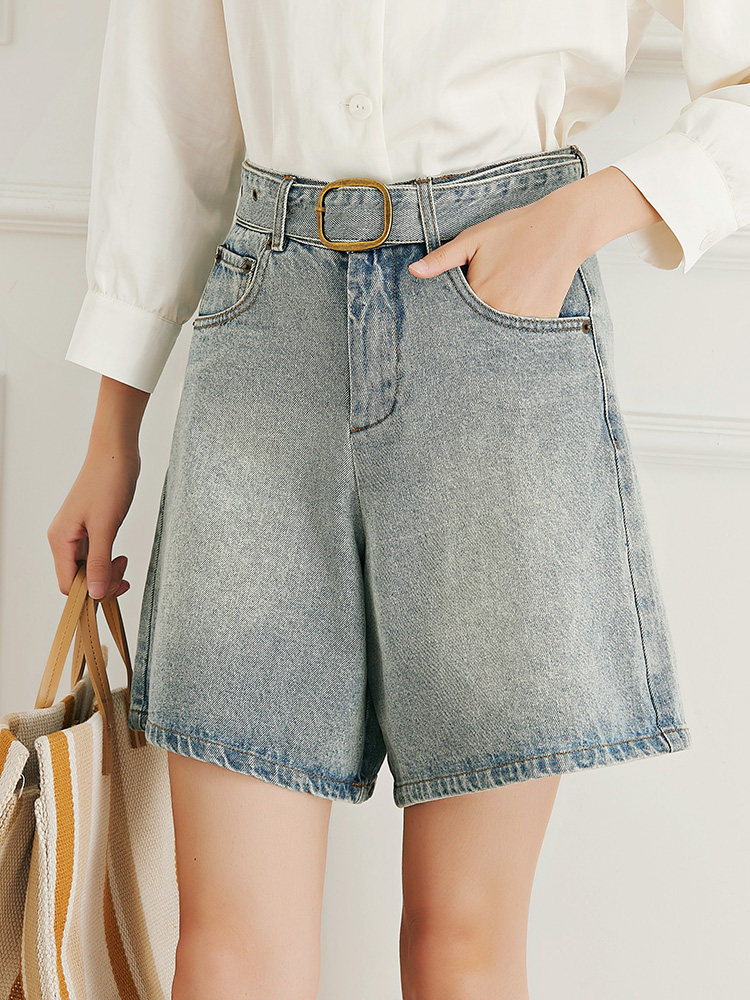 evewang light blue denim shorts women's summer versatile high waist thin legs long A-line wide leg pants feedback