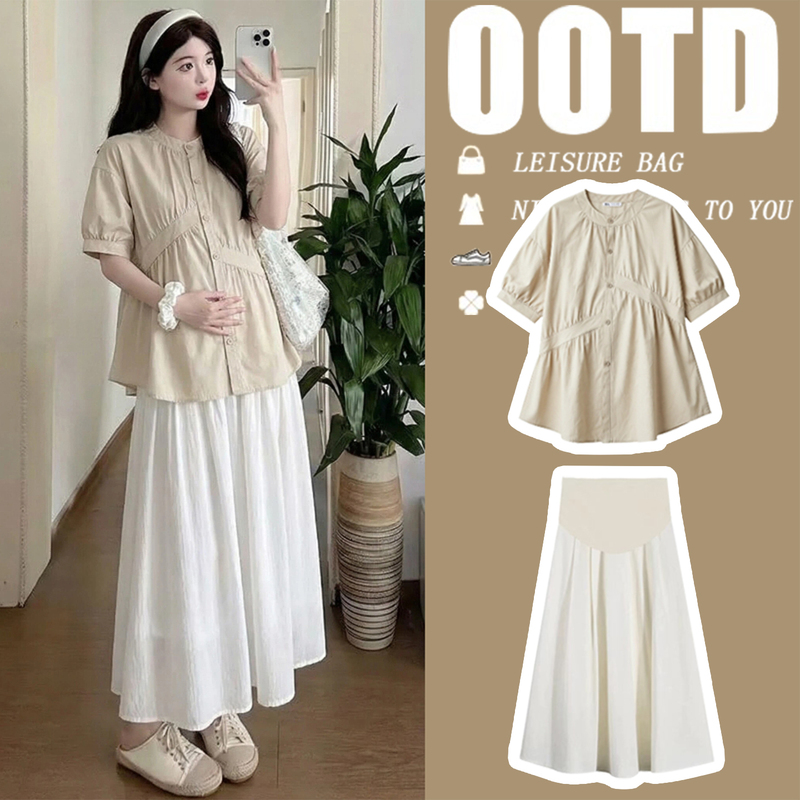 Maternity Wear Summer Japanese-Style Sweet Babydoll Shirt + Skirt Two-Piece Set That Doesn'T Show Pregnancy, Stylish and Loose-Fitting Casual Wear