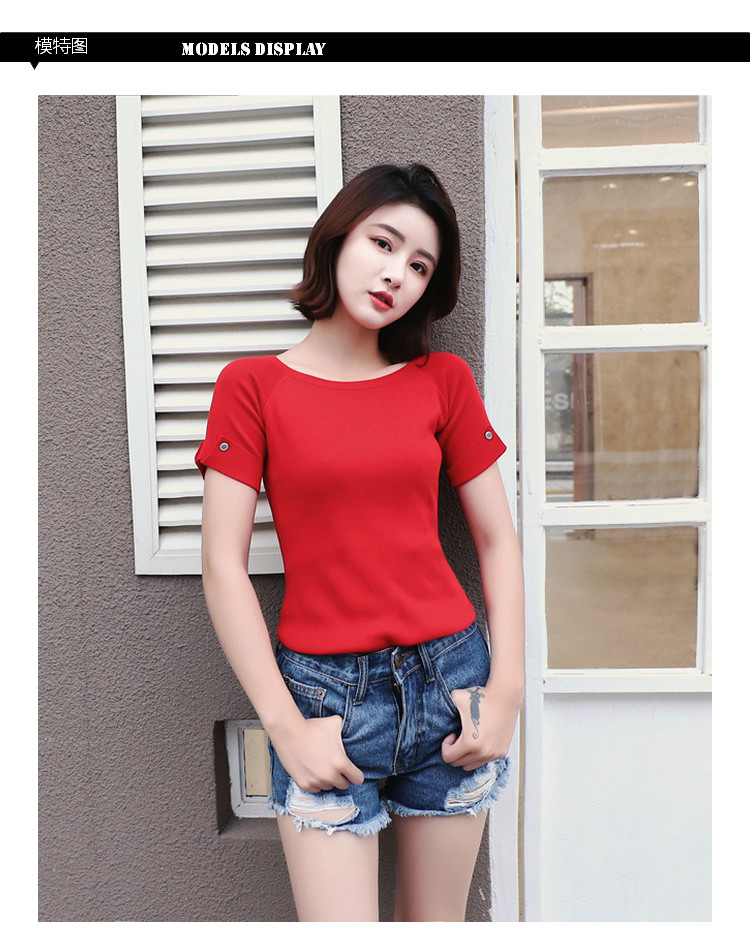 Mùa hè 2018 mới áo len lụa tơ tằm nữ tay ngắn thon ngắn cổ tròn mỏng áo sơ mi trùm đầu áo thun các kiểu áo len