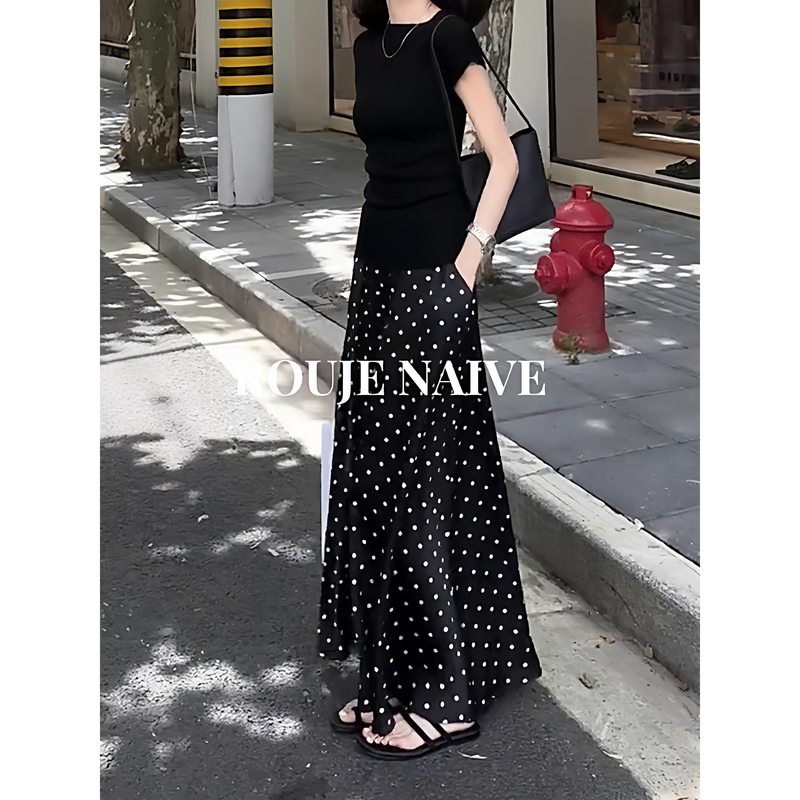 Rouje Naive Black Polka Dot Skirt for Women, New Summer Style, Niche Elegant, High-End Feel, Slimming Long Skirt