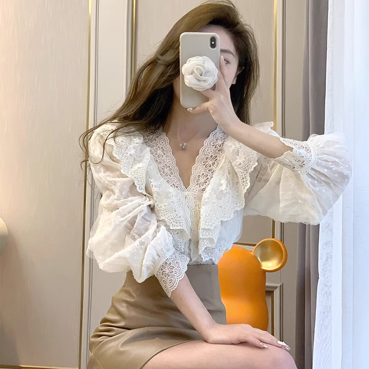 Rouje Naive Summer New High-End Shirt Niche Design Lace Ruffle Puff Sleeve Shirt for Women