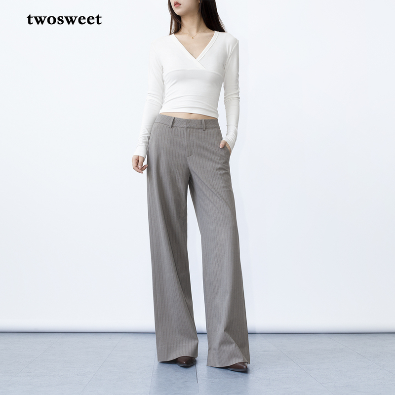 Twosweet Urban Attraction/Amber Stripe Brown Tr Retro Intellectual Silhouette Mid-Waist Loose Straight-Leg Trousers Twosweet Urban Attraction/Amber Stripe Brown Tr Retro Intellectual Silhouette Mid-Waist Loose Straight-Leg Trousers
