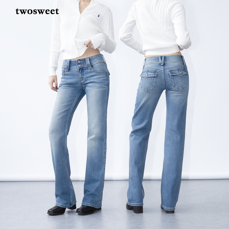 Twosweet Meigao Mingpai/Narrow Straight-Leg Washed Light Blue Mid-Low Waist Double-Button Slim Straight-Leg Jeans Twosweet Meigao Mingpai/Narrow Straight-Leg Washed Light Blue Mid-Low Waist Double-Button Slim Straight-Leg Jeans