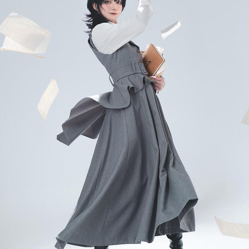 Ministry of Magic Commuting·Trailing Vest + Ten-Piece High-Waisted Umbrella Skirt·Autumn and Winter Retro Frogic Original Design