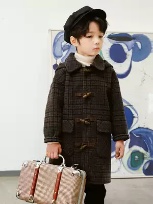 Boy's horn buckle woolen coat children's double-sided wool woolen coat 2021 autumn and winter New Baby foreign school children's clothing