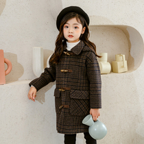 2021 autumn and winter New Girl woolen coat middle and Big Boy horn buckle Korean version of childrens woolen double-sided cashmere coat