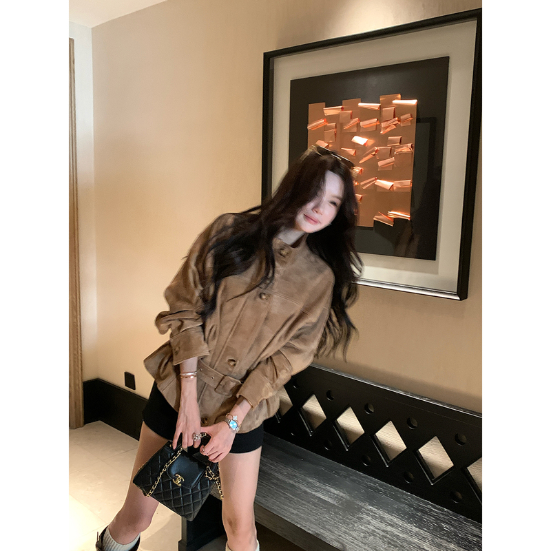 California Twilight Imported Suede Sheepskin Genuine Leather Short Jacket with Belt for Women California Twilight Imported Suede Sheepskin Genuine Leather Short Jacket with Belt for Women
