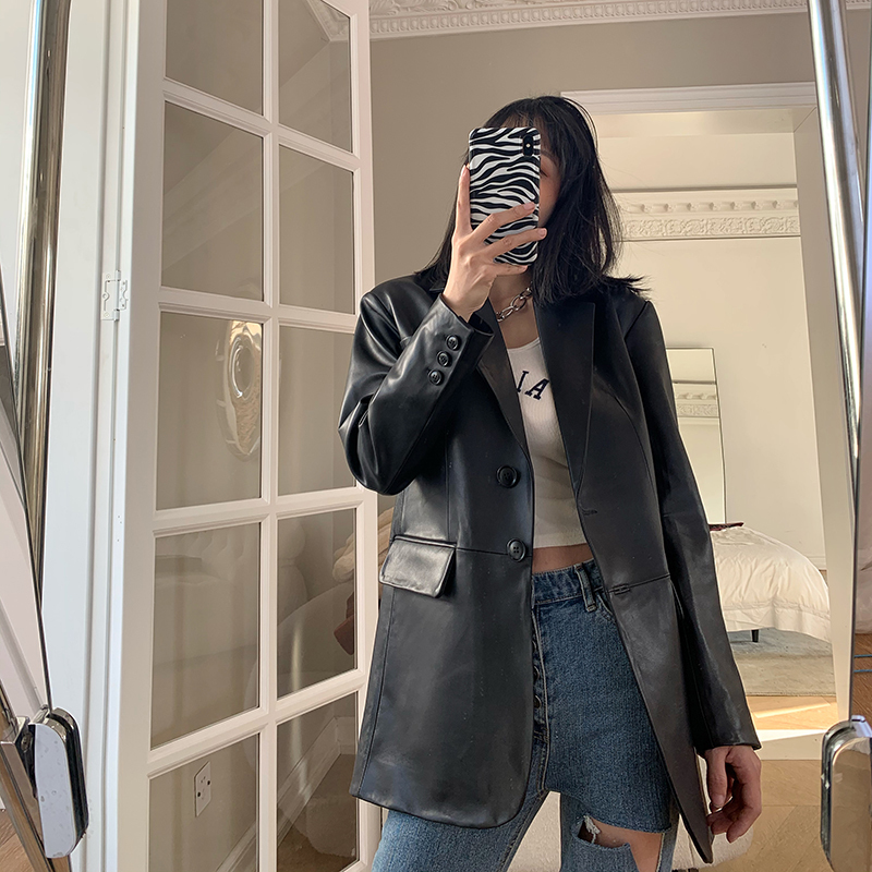 High-End 2026 Spring New Style Sheepskin Genuine Leather Mid-Length Retro American-Style Jacket Leather Blazer for Women