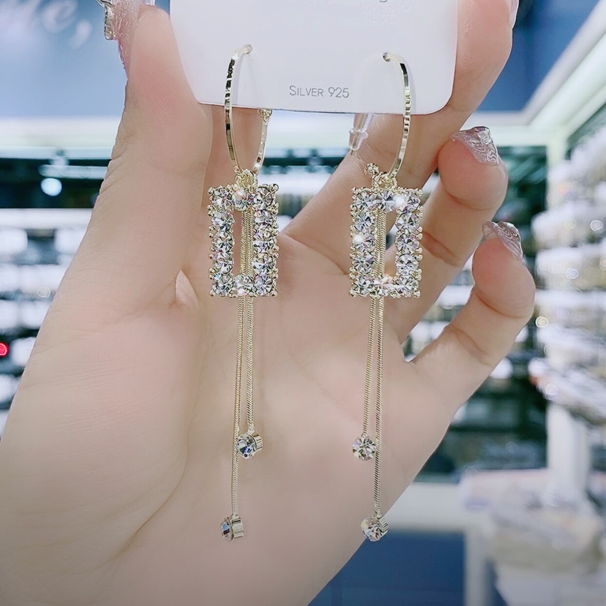 s925 Silver Needle Half Circle Geometric Square Flow Suearrings Female Long Version Inlaid Drilling Temperament Mesh Red Earrings Embellishment Embellishment