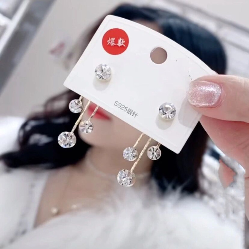 Shining rhinestone tassel earrings 2021 new sterling silver needle net red with the same ear needle pendant simple and versatile two-wear earrings