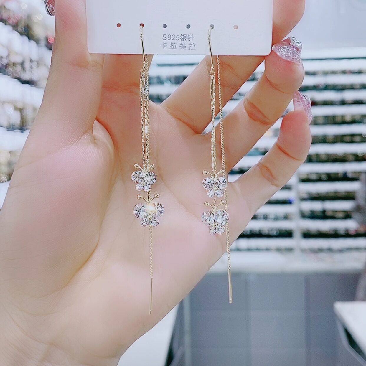 2020 new trendy Suearrings Long version inlaid with butterfly ear necklace ultra-shiny temperament individuality 100 lap eared with a thin face