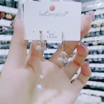 South Korea Dongdaemun asymmetrical cherry earrings female AB zircon temperament net red drop earrings 925 sterling silver needle earrings