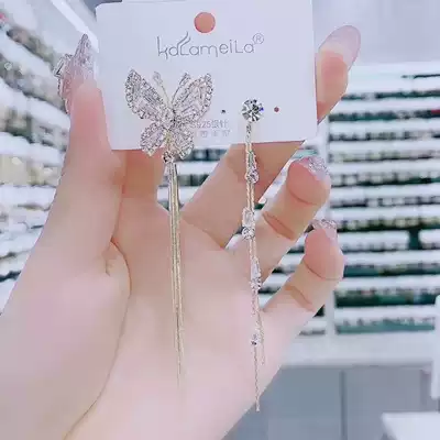 S925 silver pin AB butterfly tassel earrings long version of Korean temperament Net Red personality asymmetry earrings thin