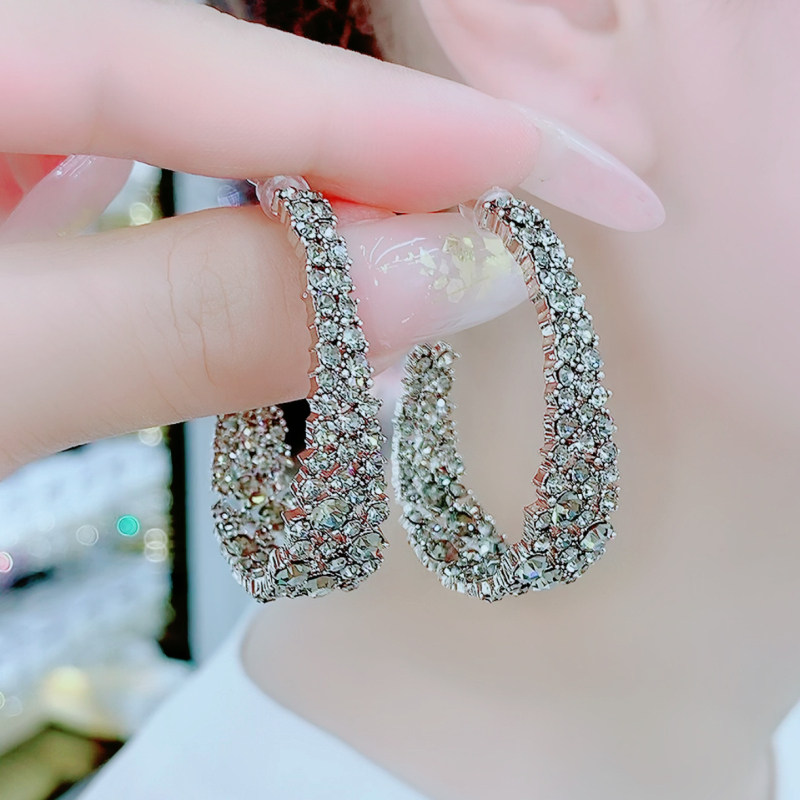 Retro Baroque Water Drill Ear Ring Full Drill Circle Earrings High Level Sensual Light Extravagant Temperament Net Red Silver Needle Exaggerated Earrings