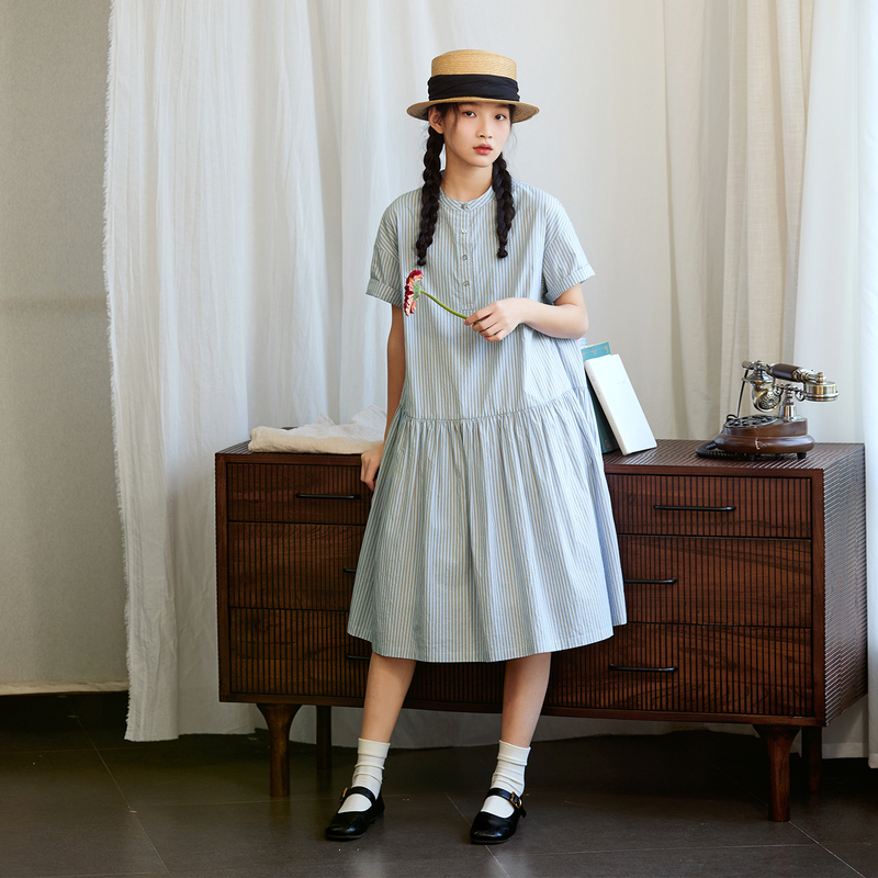 Original Japanese-Style Pure Cotton Stand-Up Collar Striped Dress for Women, Summer Casual Versatile Loose Mid-Length Dress for Petite Figures