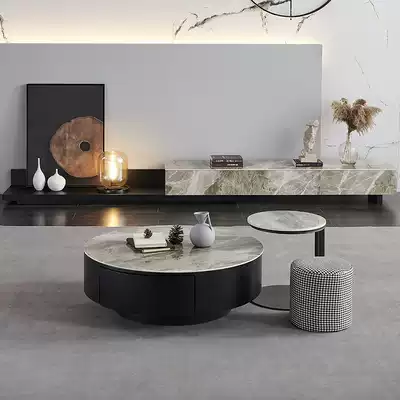 Light luxury Rock board round coffee table simple modern living room retractable large and small apartment solid wood coffee table TV cabinet combination
