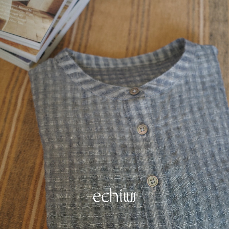 Echiuuu｜Ink Smudges｜100% Linen Seersucker Breathable Plaid Short Shirt Imported from Italy